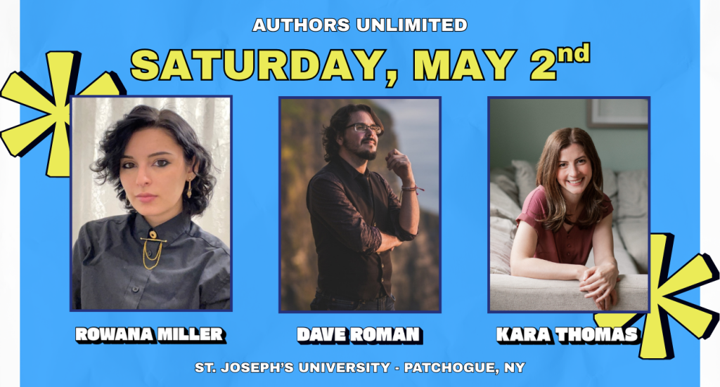 A banner with a blue background showing photos of the three authors who will be at the event. 